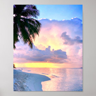 Póster Beach Sunset ocean sand palm tree Maldives Miami
