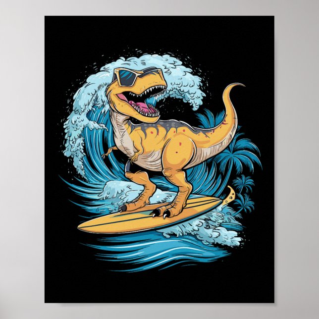 Póster Beach Surfing Dinosaur T-rex Surfer  (Frente)