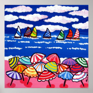 Póster Beach Umbrellas Sailboat Fun Folk Art Poster