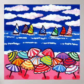 Póster Beach Umbrellas Sailboat Fun Folk Art Poster