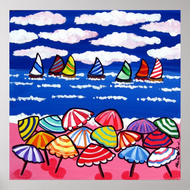 Póster Beach Umbrellas Sailboat Fun Folk Art Poster (Frente)