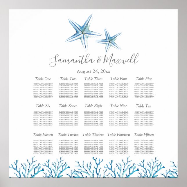 Póster Beach Wedding SEATING CHART, Starfish Coral Poster (Frente)