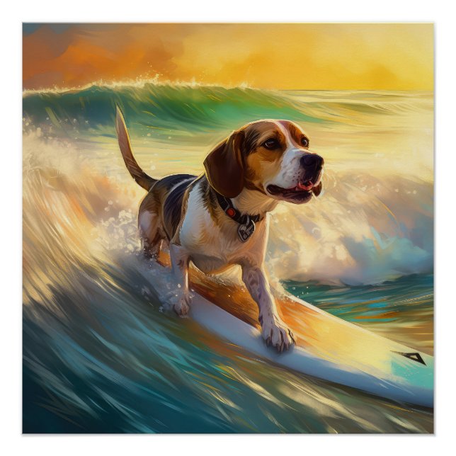 Póster Beagle Beach Surfing Painting (Anverso)