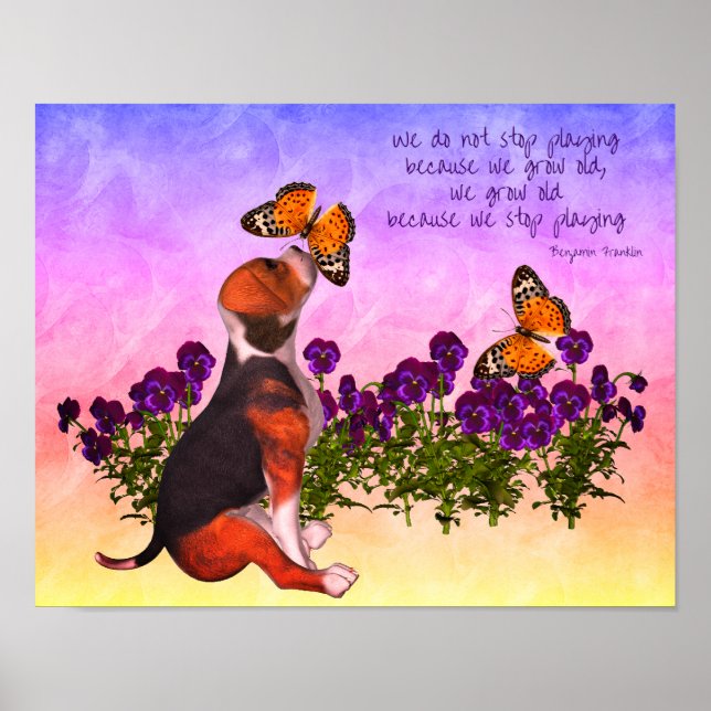 Póster Beagle Butterflies Flores Cita de la Edad Inspirad (Frente)