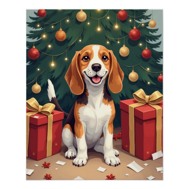 Póster Beagle Christmas Morning Gift-Unboxing Painting (Anverso)