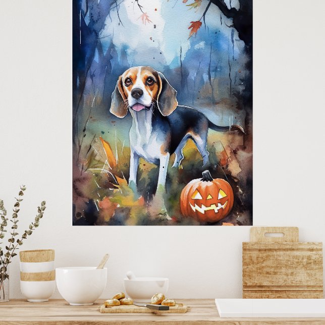 Póster Beagle de Halloween con Calabazas Espeluznante (Cocina)