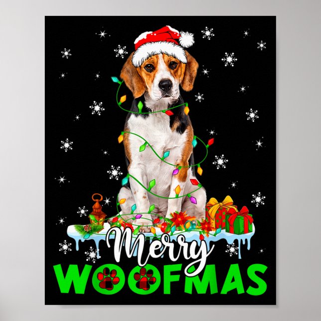 Póster Beagle Dog Merry Woofmas Funny Xmas Lights Santa H (Frente)