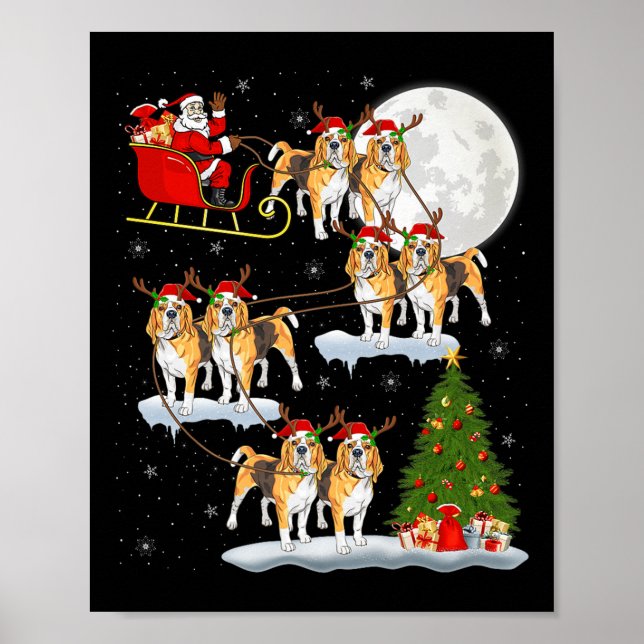 Póster Beagle Dog Santa Sleigh Flying Funny Magical Chris (Frente)