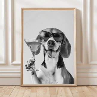 Póster Beagle Holding A Cocktail Wall Art, Black and Whit