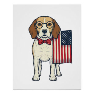 Póster Beagle Patriótico con Bandera Arte Vectorial Vinta