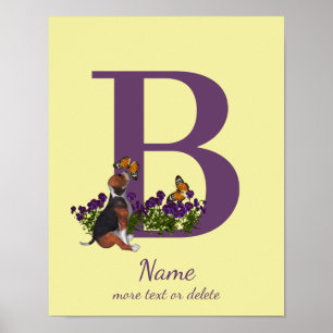 Póster Beagle Puppy Butterflies Monograma Nombre B Inicia