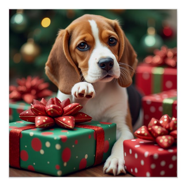 Póster Beagle Wrapping Gifts Christmas Painting (Anverso)