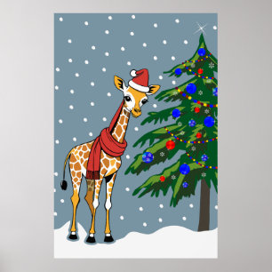 Póster Beanie de jirafa y bufanda con árbol de Navidad