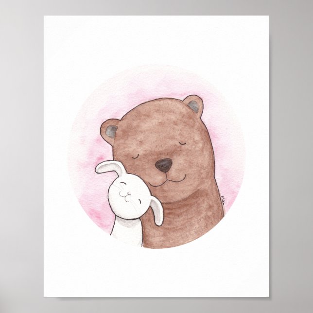 Póster Bear and Bunny Love Woodland Art Pastel Poster (Frente)