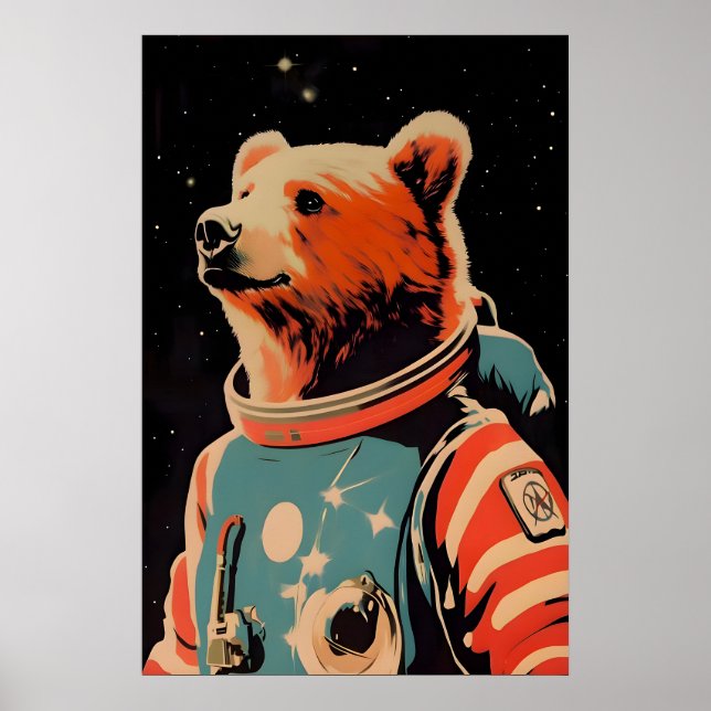 Póster Bear Astronaut Poster, Bear Retro Print, Brown (Frente)