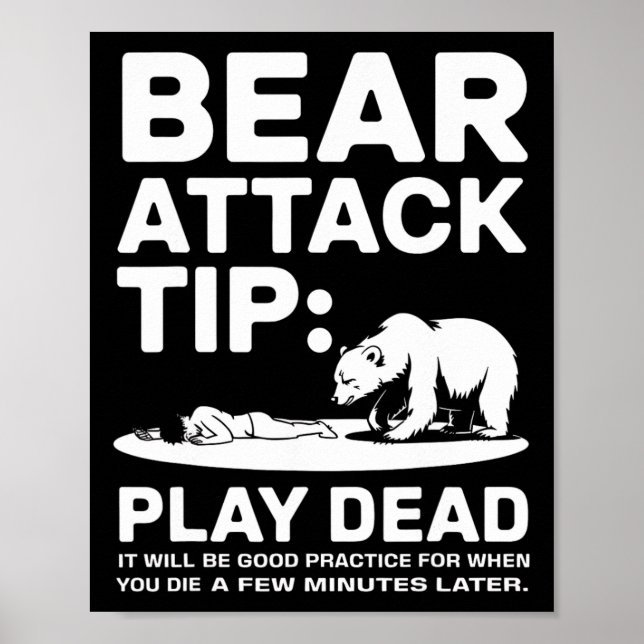 Póster Bear Attack Tip Play Dead Funny Camping Hiking Des (Frente)