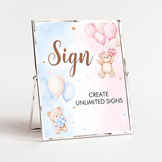 Póster Bear Balloon Gender Reveal Sign (Bear Balloon He or She Gender Reveal Custom Sign)