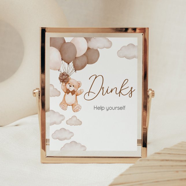 Póster Bear Bear Bearly Wait Baby Shower Bebidas (Brown Baby Bear Balloon Baby Shower Drinks Sign)