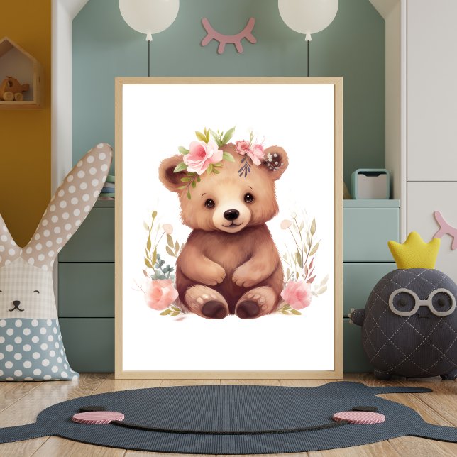 Póster Bear Bear Flores Rosa Agua Nursery Wall Art (Nursery Print Baby Bear Pink Flowers. Nursery decor. Printed or digital download)