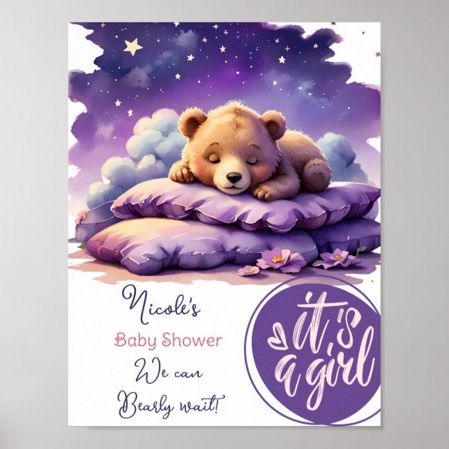 Póster Bear Bear Sleeping Purple Galaxy Chica Baby Shower (Frente)