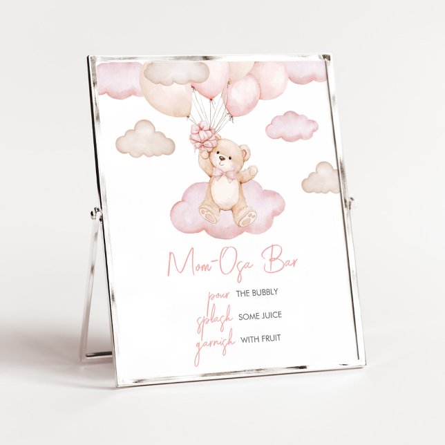 Póster Bear bebé rosa globo Baby Shower Mom Osa Bar (Pink Baby Bear Balloon Baby Shower Mom Osa Bar Sign)