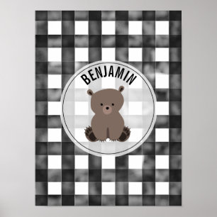Póster Bear Black + White Gingham Baby Nursery