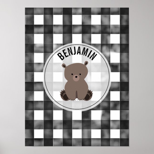 Póster Bear Black + White Gingham Baby Nursery (Frente)