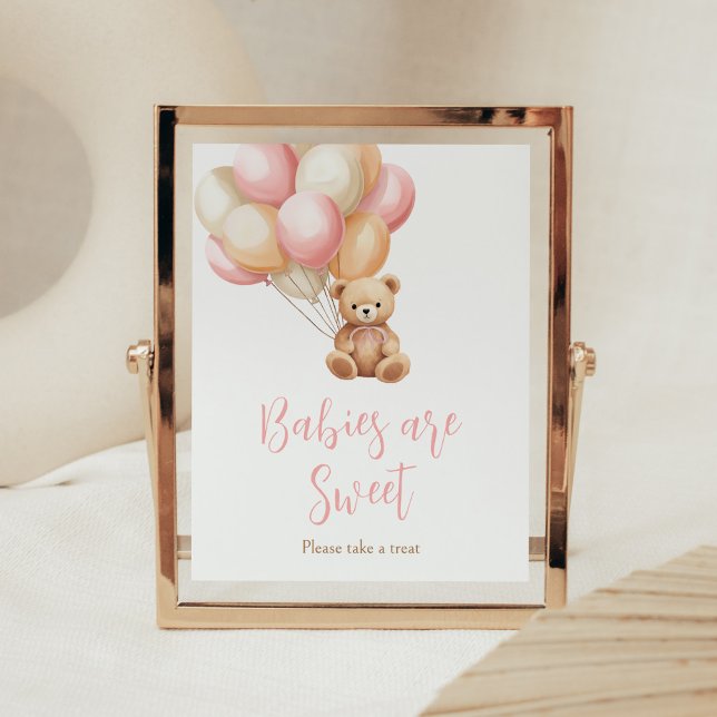 Póster Bear Boho Bear de globo rosa Los bebés son dulces (We Can Bearly Wait Girl Baby Shower Babies are Sweet Sign)