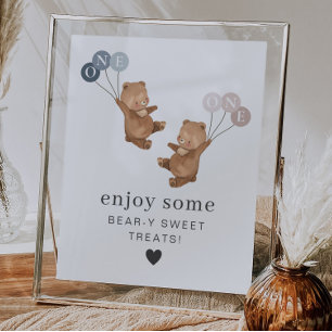 Póster Bear Boy Chicas gemelos - 1er cumpleaños - Trata R