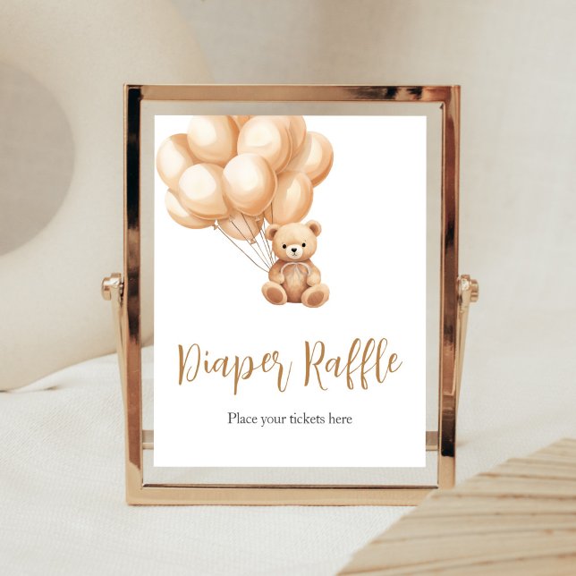 Póster Bear Brown Balloon Baby Shower Diaper Raffle (We Can Bearly Wait Baby Shower Diaper Raffle Sign)