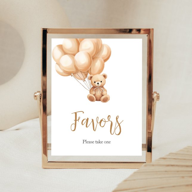 Póster Bear Brown Balloon Baby Shower Favors (We Can Bearly Wait Baby Shower Favors Sign)