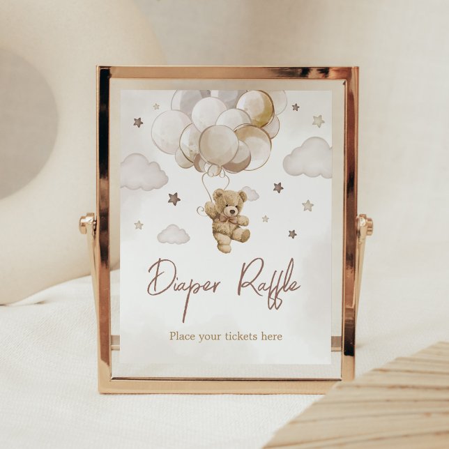Póster Bear de globo marrón Baby Shower Diaper Raffle (Gender Neutral Bear Balloon Baby Shower Diaper Raffle Sign)
