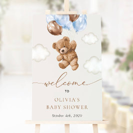 Póster Bear de peluche, globos azules, bienvenida a Baby
