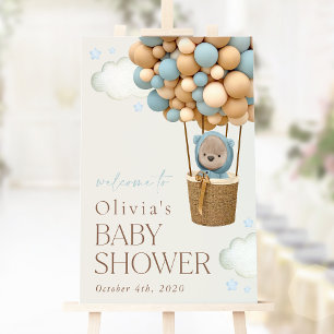 Póster Bear de peluche, globos azules, bienvenida a Baby 