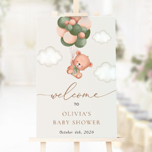 Póster Bear de peluche, Globos verdes, bienvenida a Baby