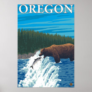 Póster Bear Fishing in River- Vintage Travel Poster