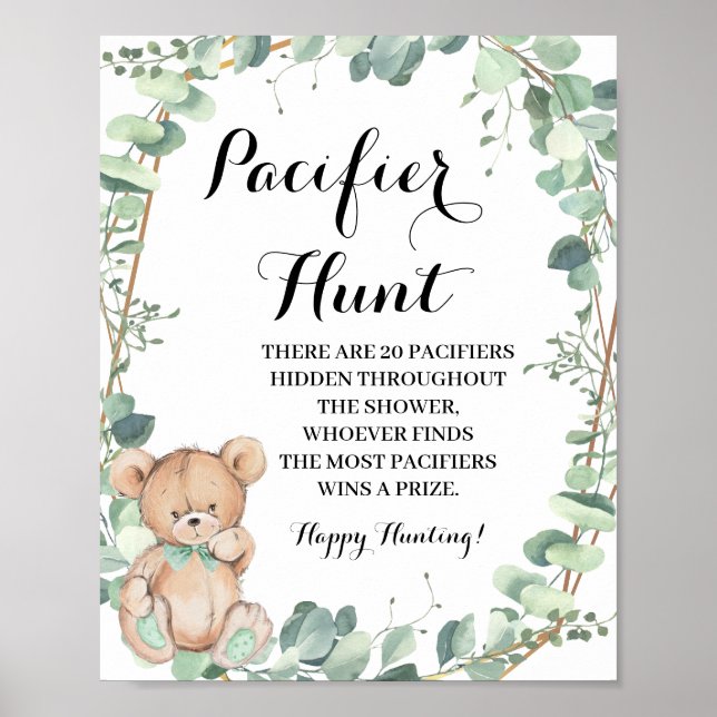Póster Bear Greenery Pacifier caza Rótulo de juegos Baby  (Frente)