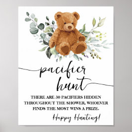 Póster Bear Greenery Pacifier Hunt Baby Shower Game Rótul