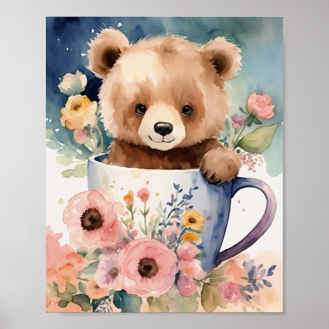 Póster "Bear Hug Bouquet: Cuidada De Acuarela" (Frente)