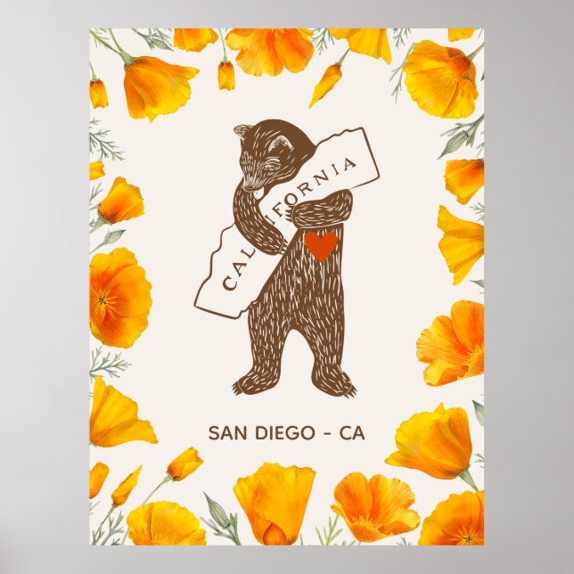 Póster Bear Hugging California Map Poppies Custom (Frente)