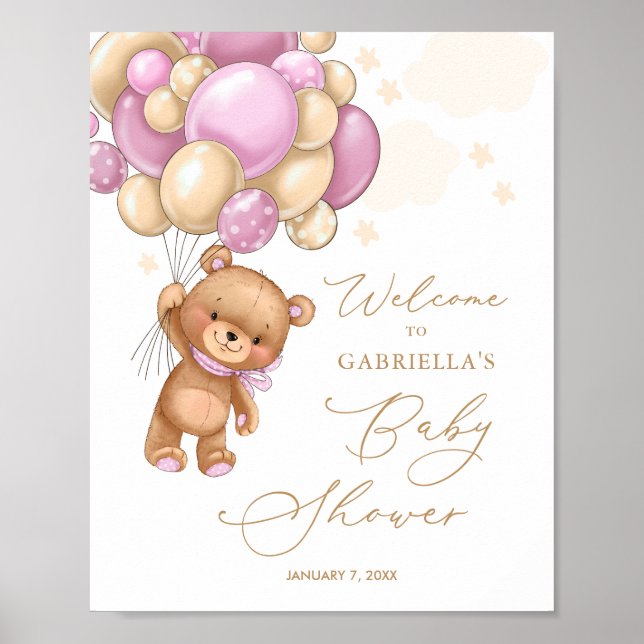 Póster Bear Pink Balloons Poster de Bienvenida Baby Showe (Frente)