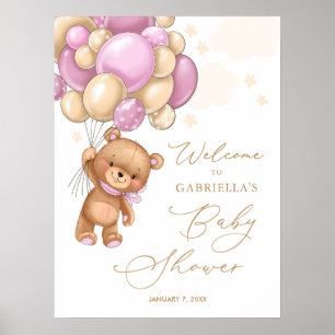 Póster Bear Pink Balloons Poster de Bienvenida Baby Showe