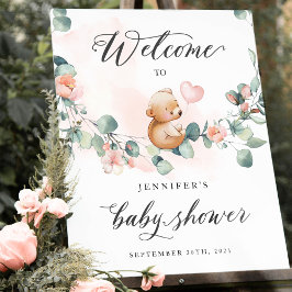 Póster Bear Pink Girl Baby Shower Welcome Sign