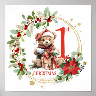 Póster Bear Poinsettia Foliage la primera Navidad del beb