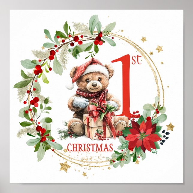 Póster Bear Poinsettia Foliage la primera Navidad del beb (Frente)