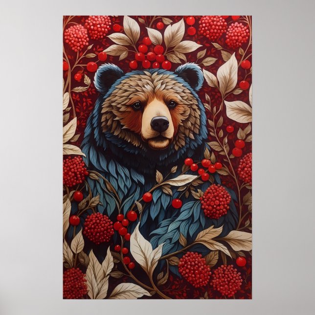 Póster Bear rojo Berries William Morris inspirado (Frente)