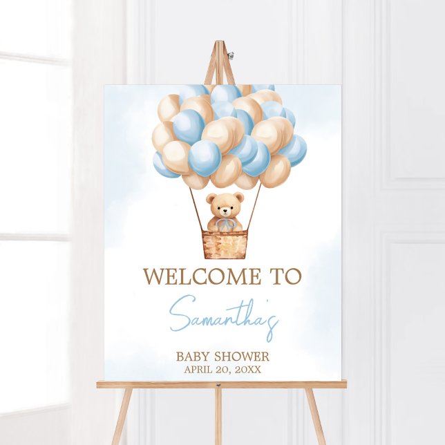 Póster Bear Wait Blue Hot Air Balloon Baby Bienvenida (Boy Baby Bear Balloons Baby Shower Welcome Sign)