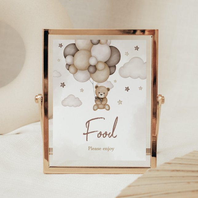 Póster Bear Wait Brown Balloon Food (Boho Brown Bear Baby Shower Food Sign)