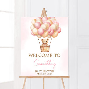 Póster Bear Wait Pink Hot Air Balloon Baby Bienvenida