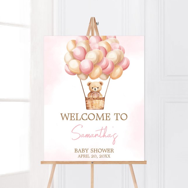 Póster Bear Wait Pink Hot Air Balloon Baby Bienvenida (Girl Baby Bear Balloons Baby Shower Welcome Sign)